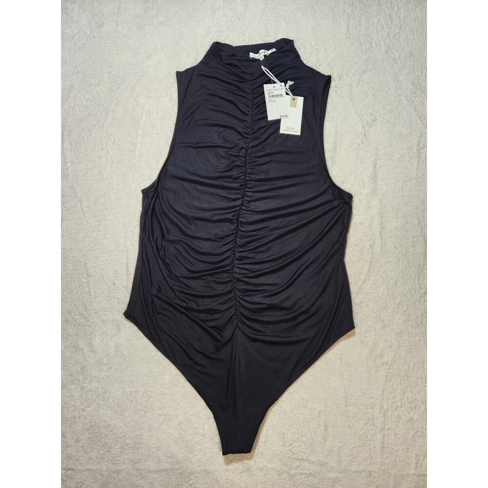 Good American Women's size 6 Bodysuit Black Slinky Ruched Mock Neck NWT